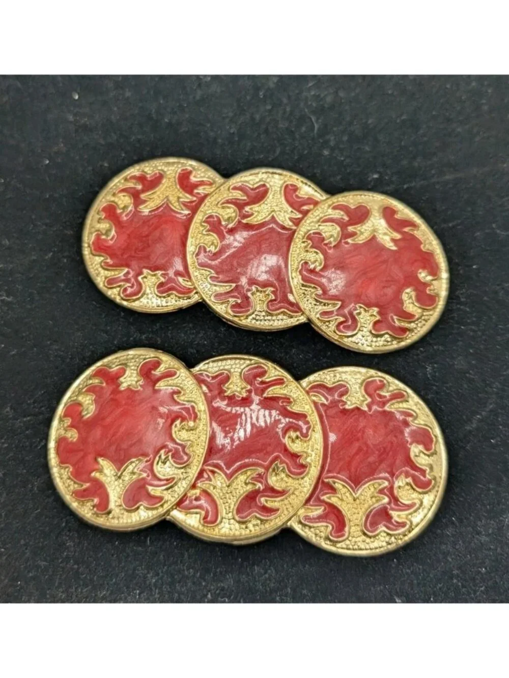 Vintage Set of 2 Hair Clips Medallions Red Gold made in Korea